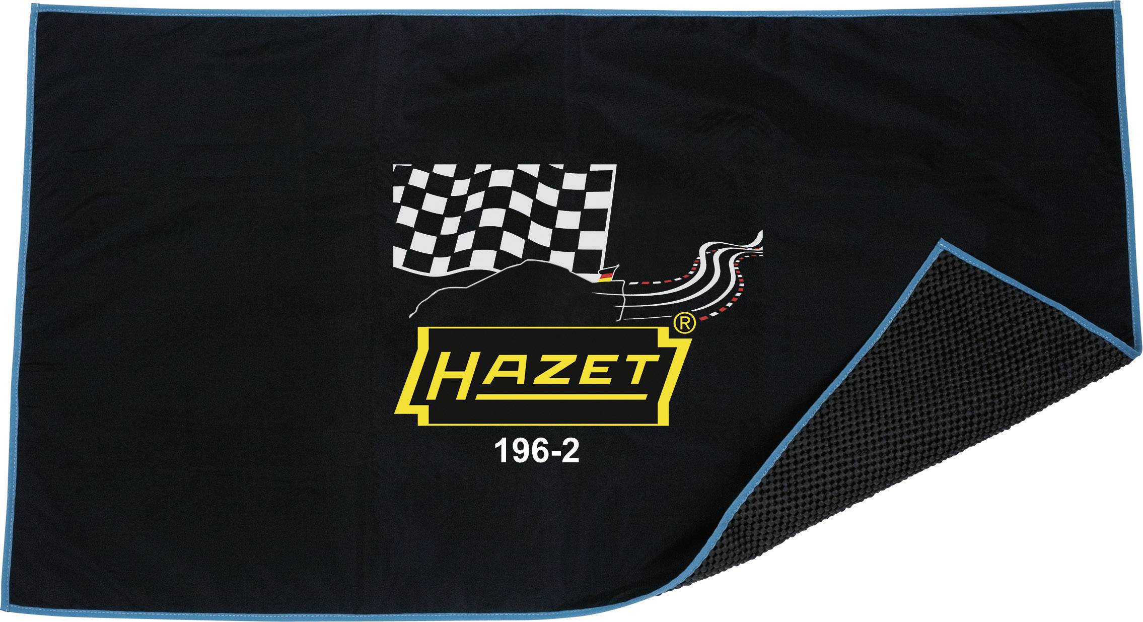 Black workshop cloth with chequered flag design and HAZET 196-2 lettering, blue bordered, reverse side with a woven-like texture.