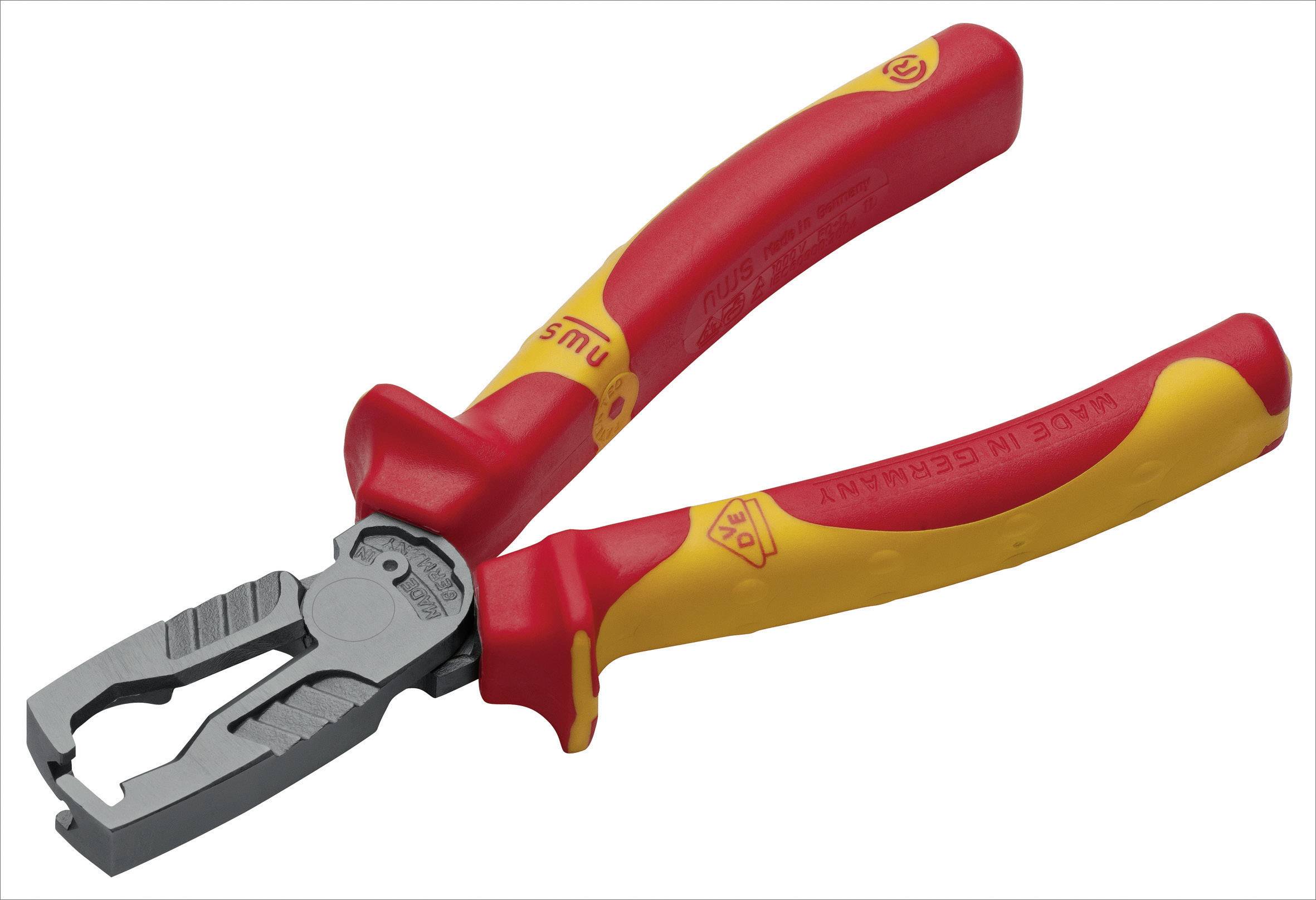 Red and yellow combination pliers with insulated handle, suitable for electrical work. On a white background.