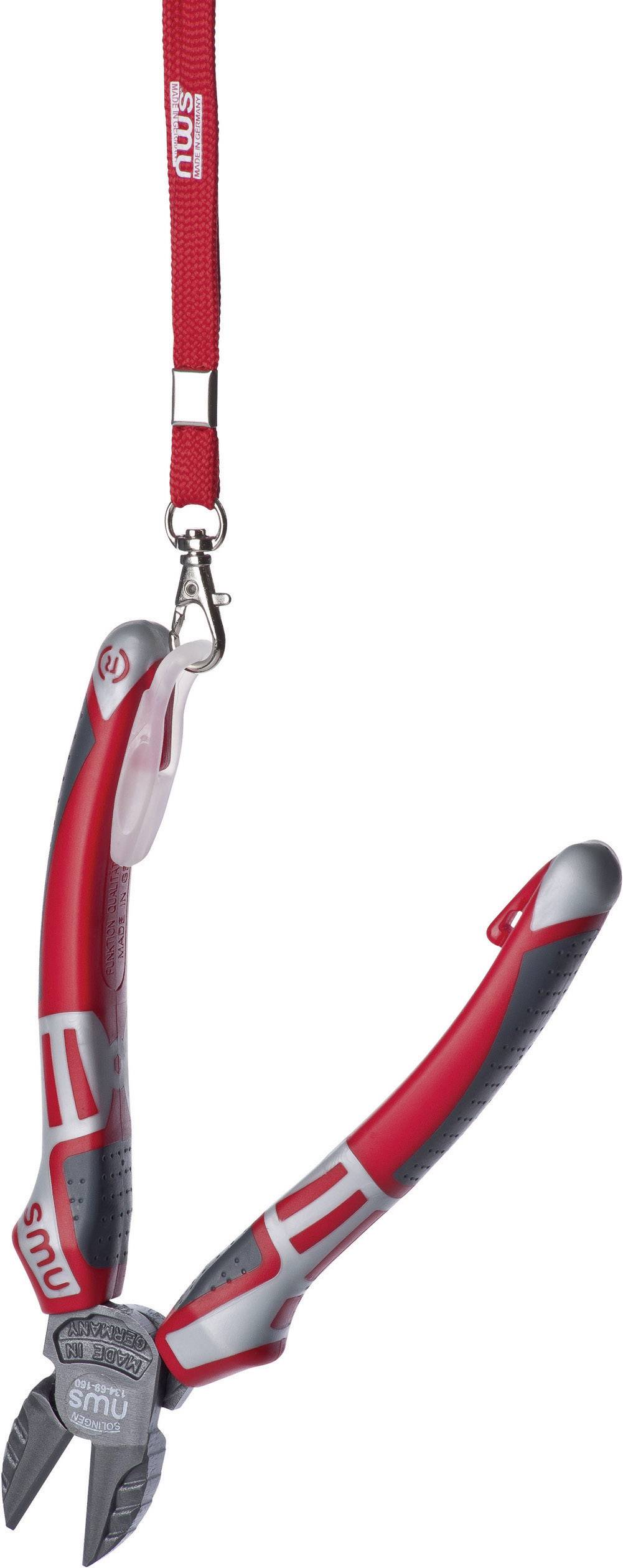 Cutting pliers with a red and grey handle and red lanyard. Perfect for precise cutting.