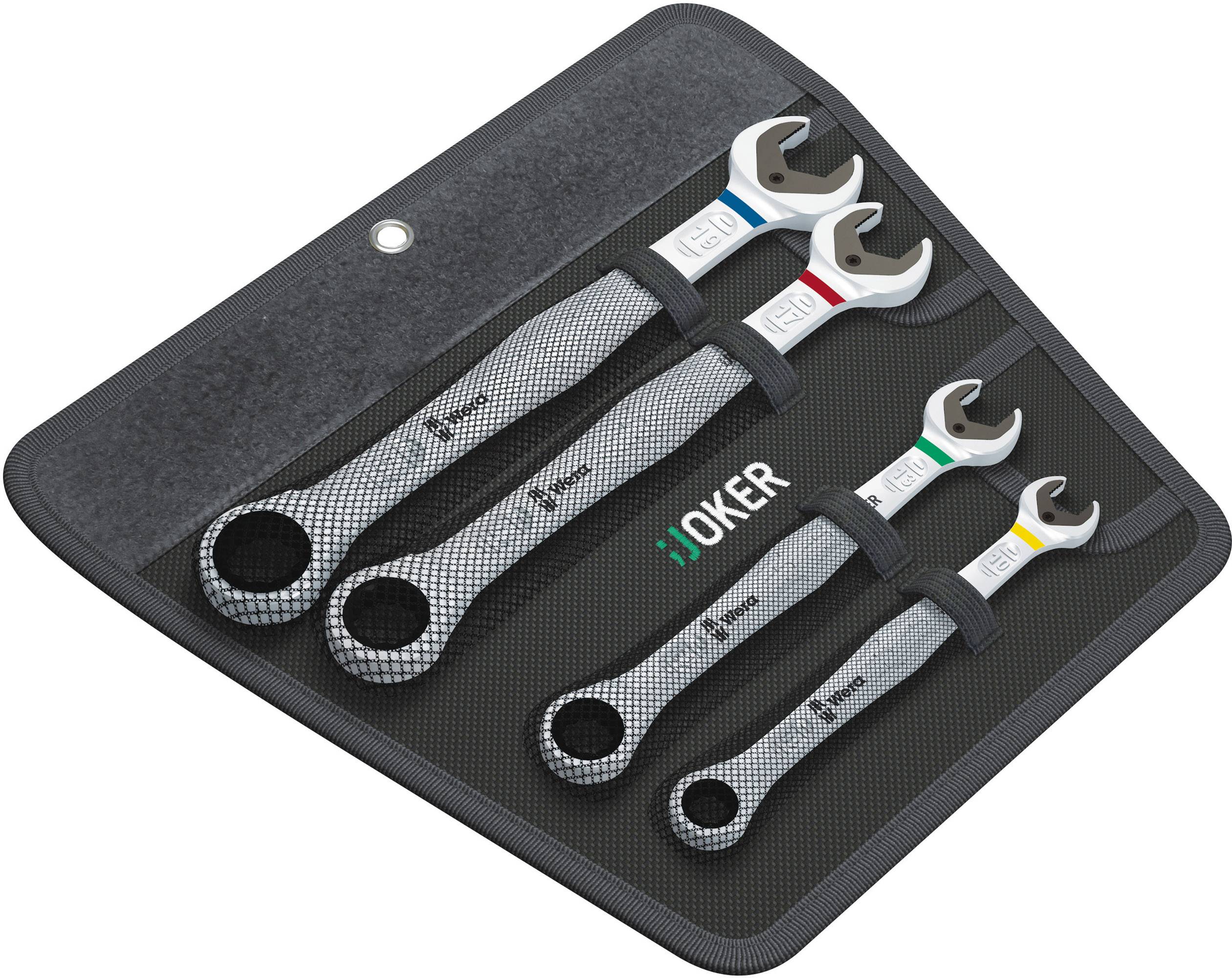 Tool set with four open-ended spanners in a black protective case. Each spanner has a different colour-coded handle.