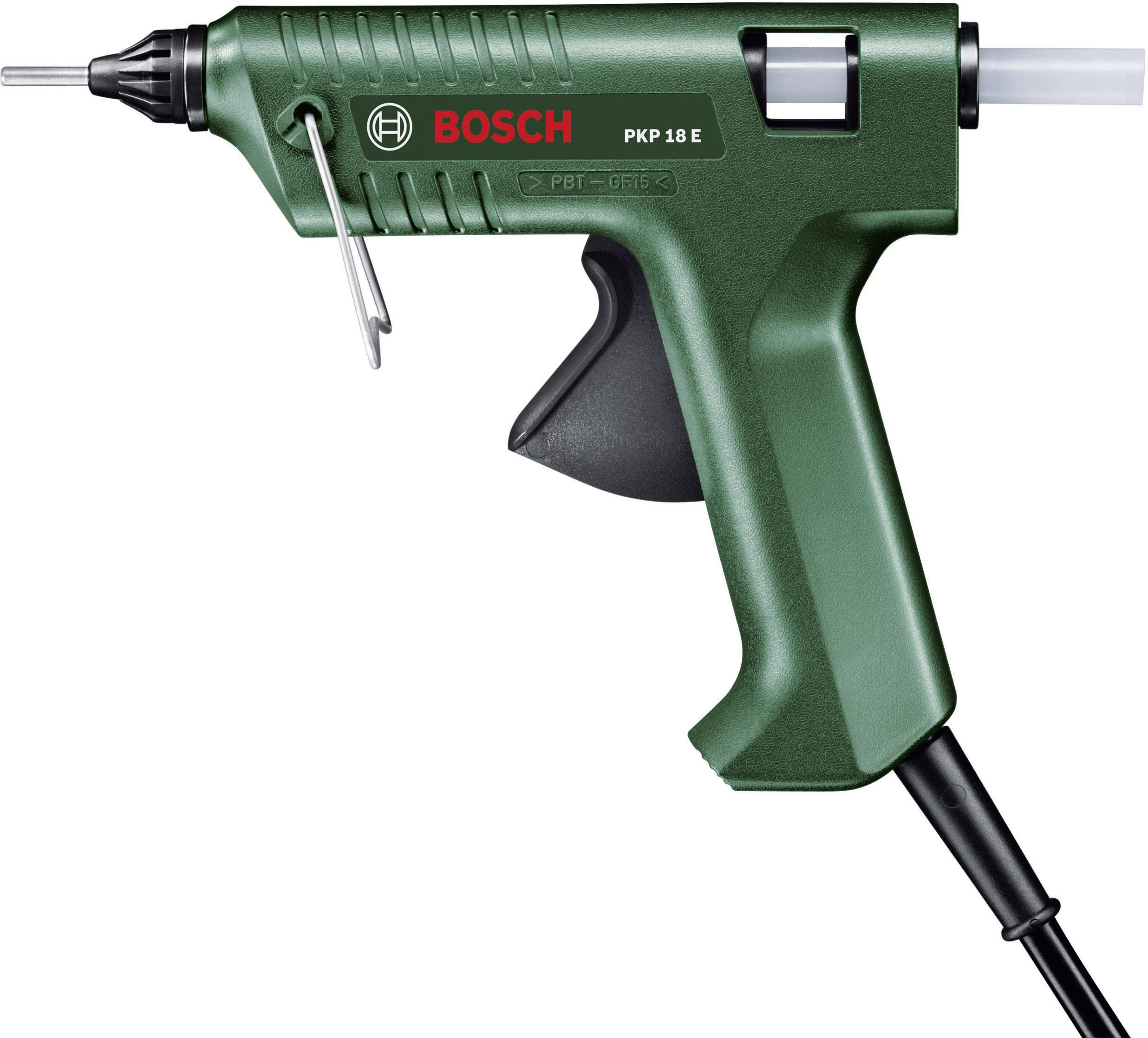 Bosch Hot Glue Gun PKP 18 E in green with black handle and cable, suitable for precise work with hot melt adhesive.