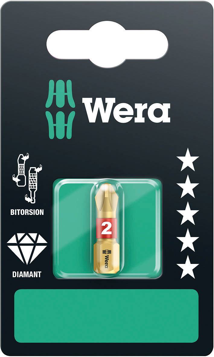 Packaging for a Wera bit holder with red 'B2' print, diamond-coated, for secure grip in screws.