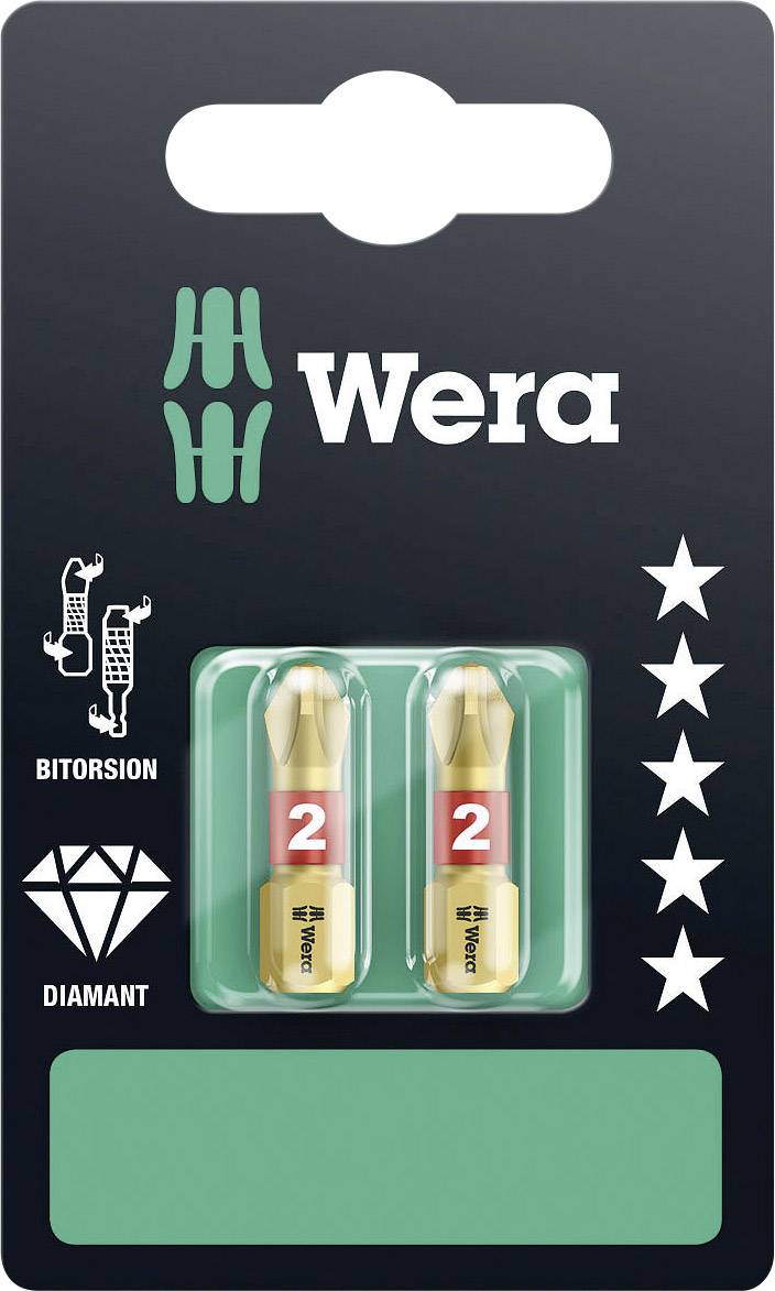Packaging containing two golden Wera bits, Type 2. Includes symbols for bit retention and diamond coating.