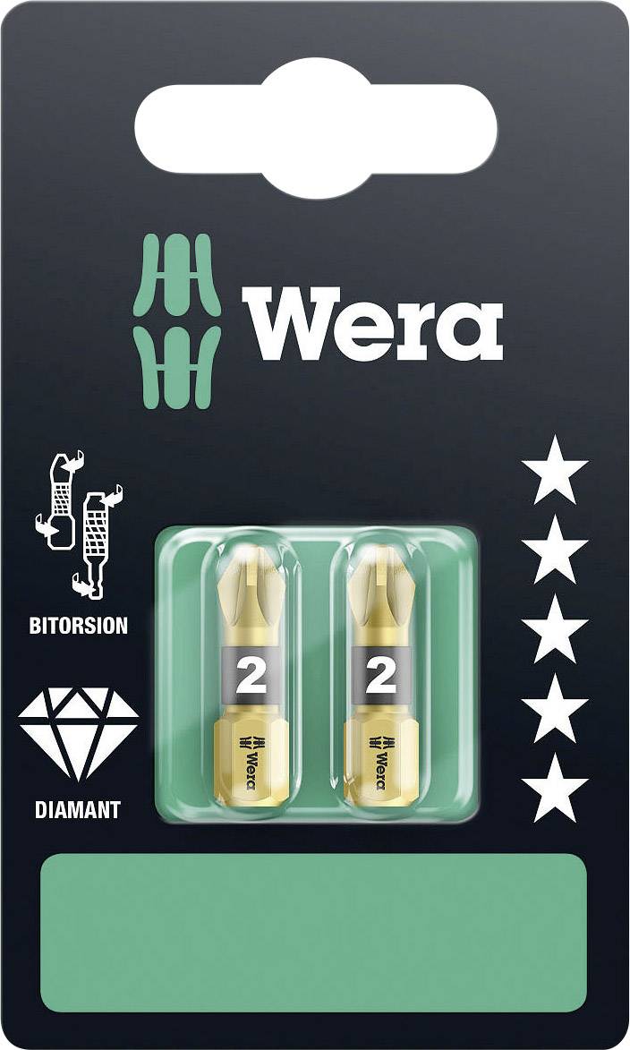 'Wera' branded packaging with two cross-head bits and 'Diamond Bitorsion' symbols, suitable for robust screwing.