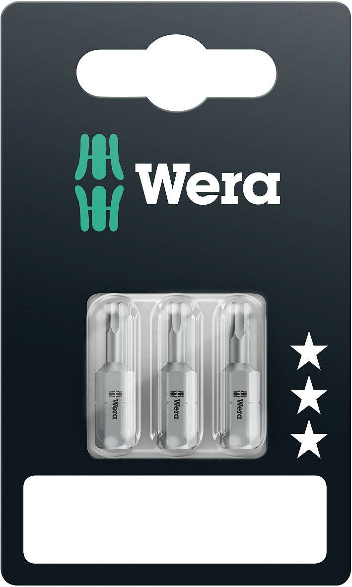 Three silver screwdriver bits in a black packaging with the 'Wera' logo and three white stars on the right-hand side.