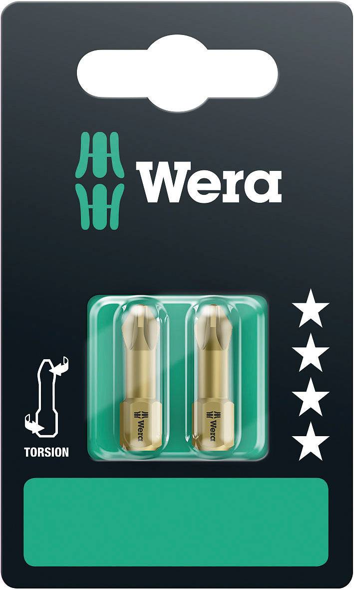 Two gold-coloured Wera torsion bits in a black packaging with the Wera logo and four stars on the right-hand side.