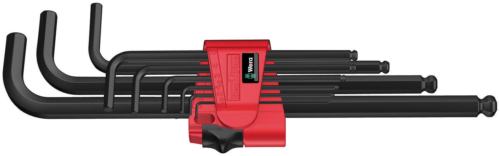 A set of hexagonal Allen keys in a red holder. The keys have different sizes and are suitable for use in tool-related work.