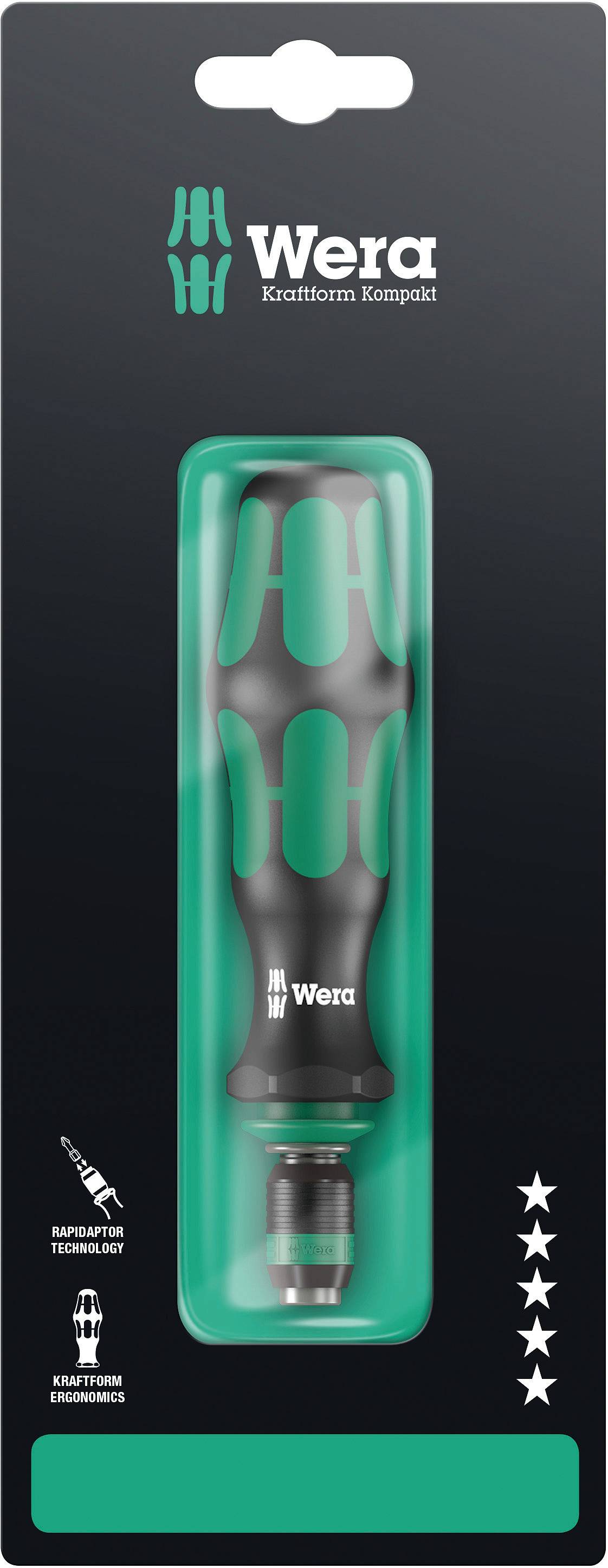 Packaging of a Wera Kraftform Kompakt screwdriver with an ergonomic handle and interchangeable tip, designed for comfort and efficiency.