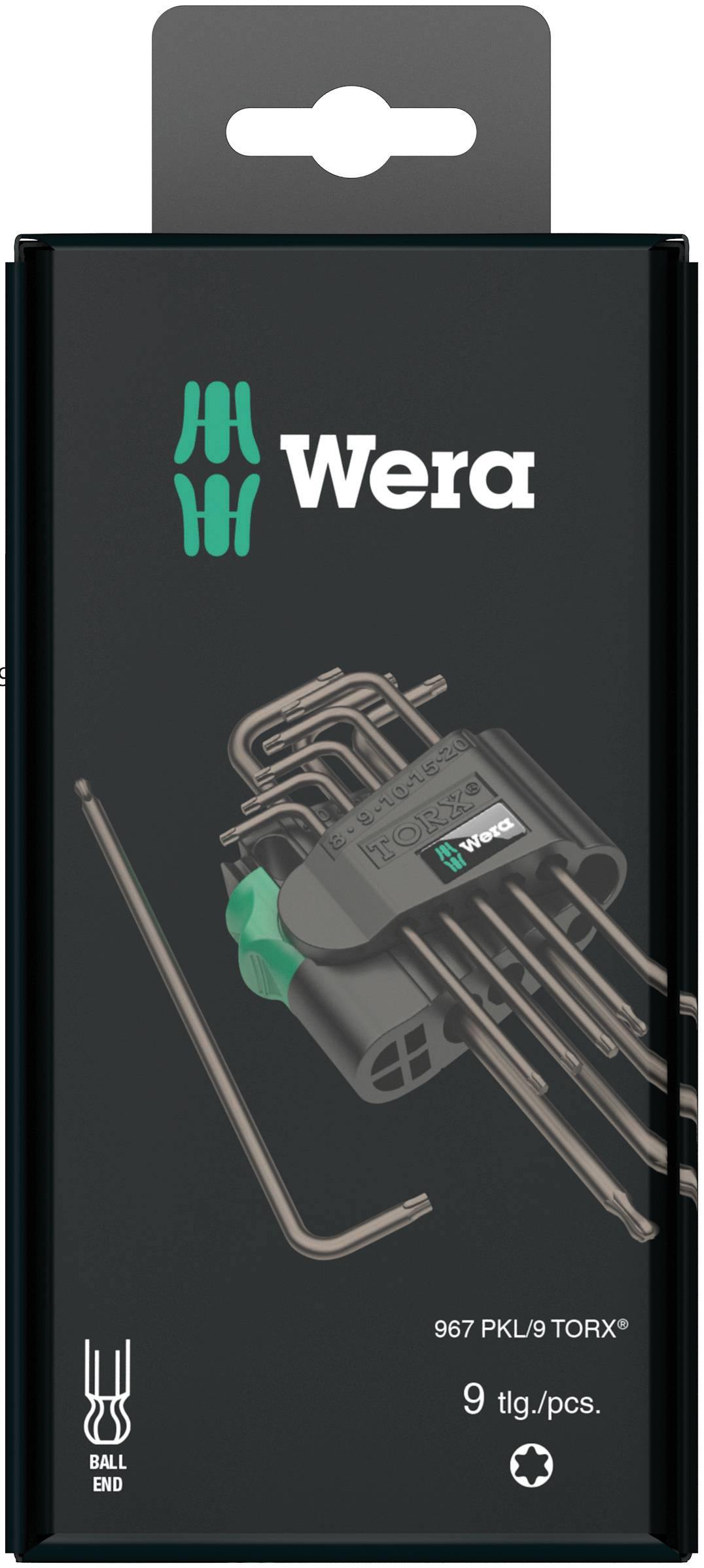 Set of 9 Wera TORX L-shaped Allen keys with ball end in black holder, packaging illustrated with recycling symbol.