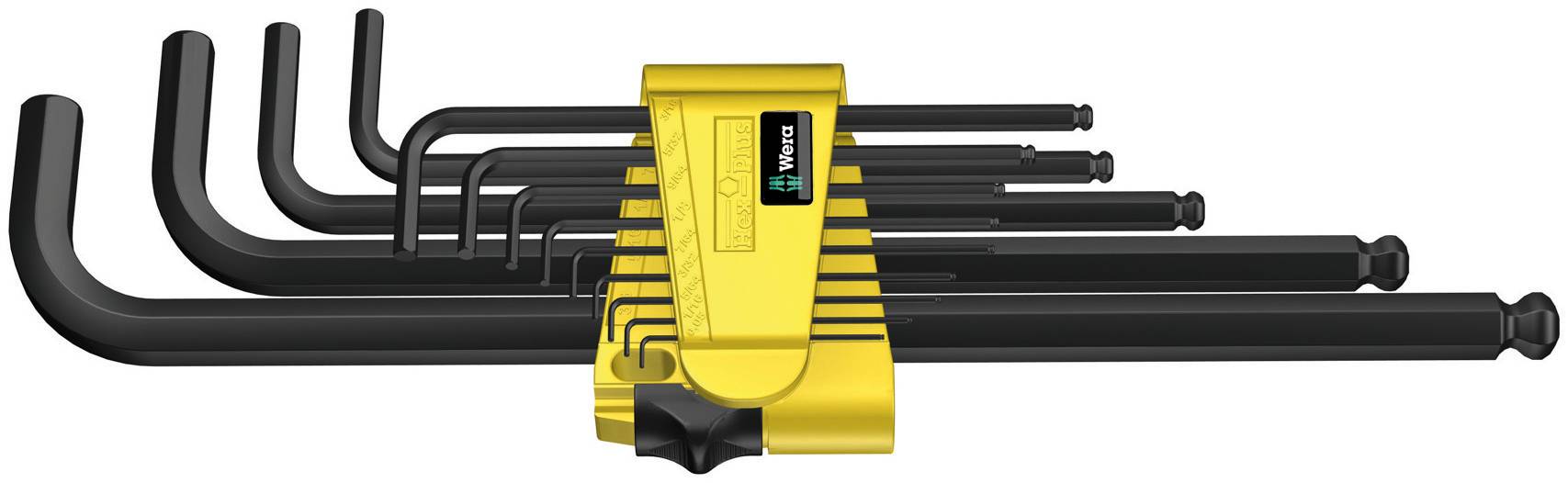Set of black Allen keys in various sizes, arranged in a yellow holder.