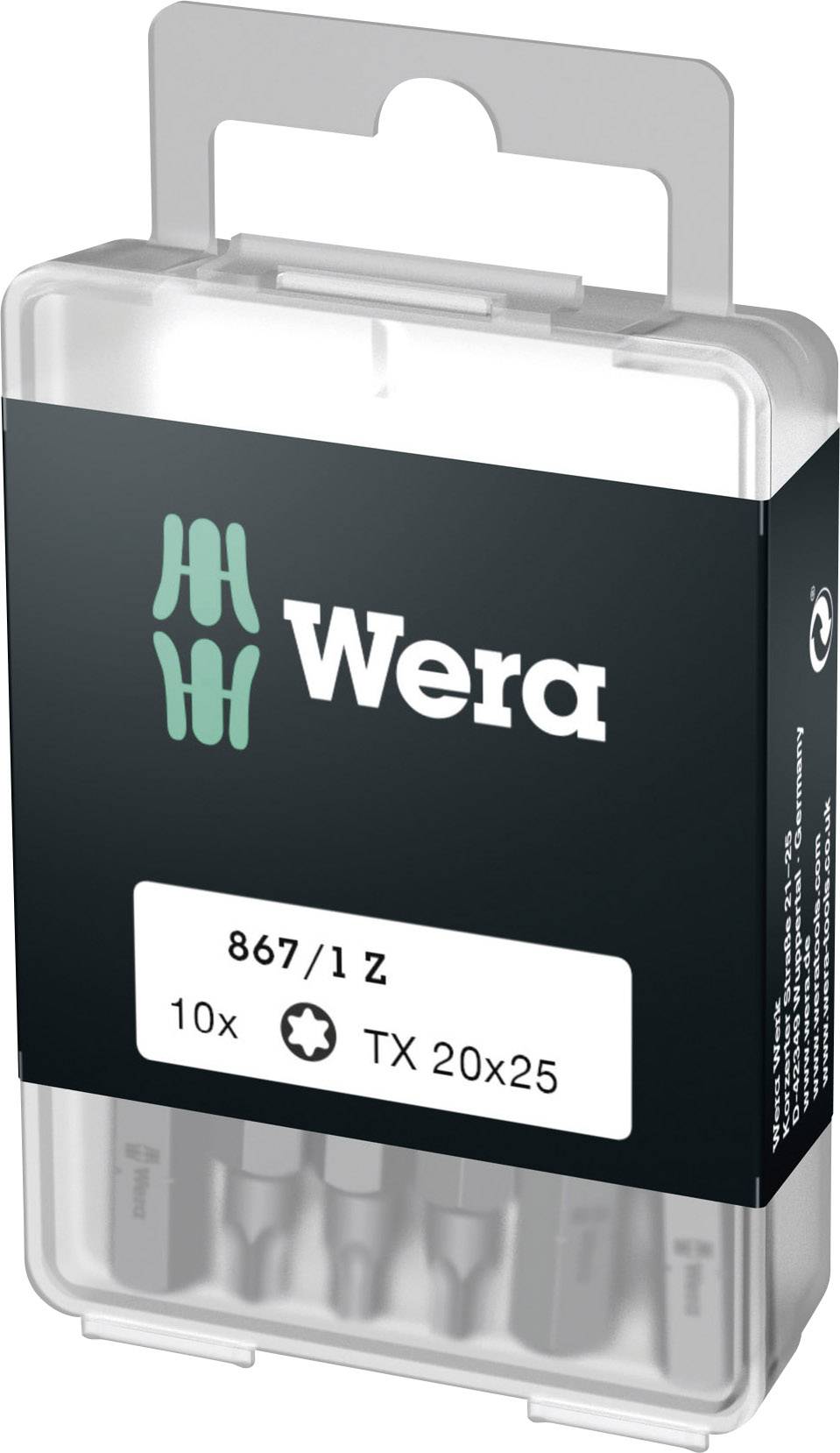 A pack of Wera screwdriver bits, type 867/1 Z, size TX 20x25, contains 10 pieces. Clear plastic box with brand logo.