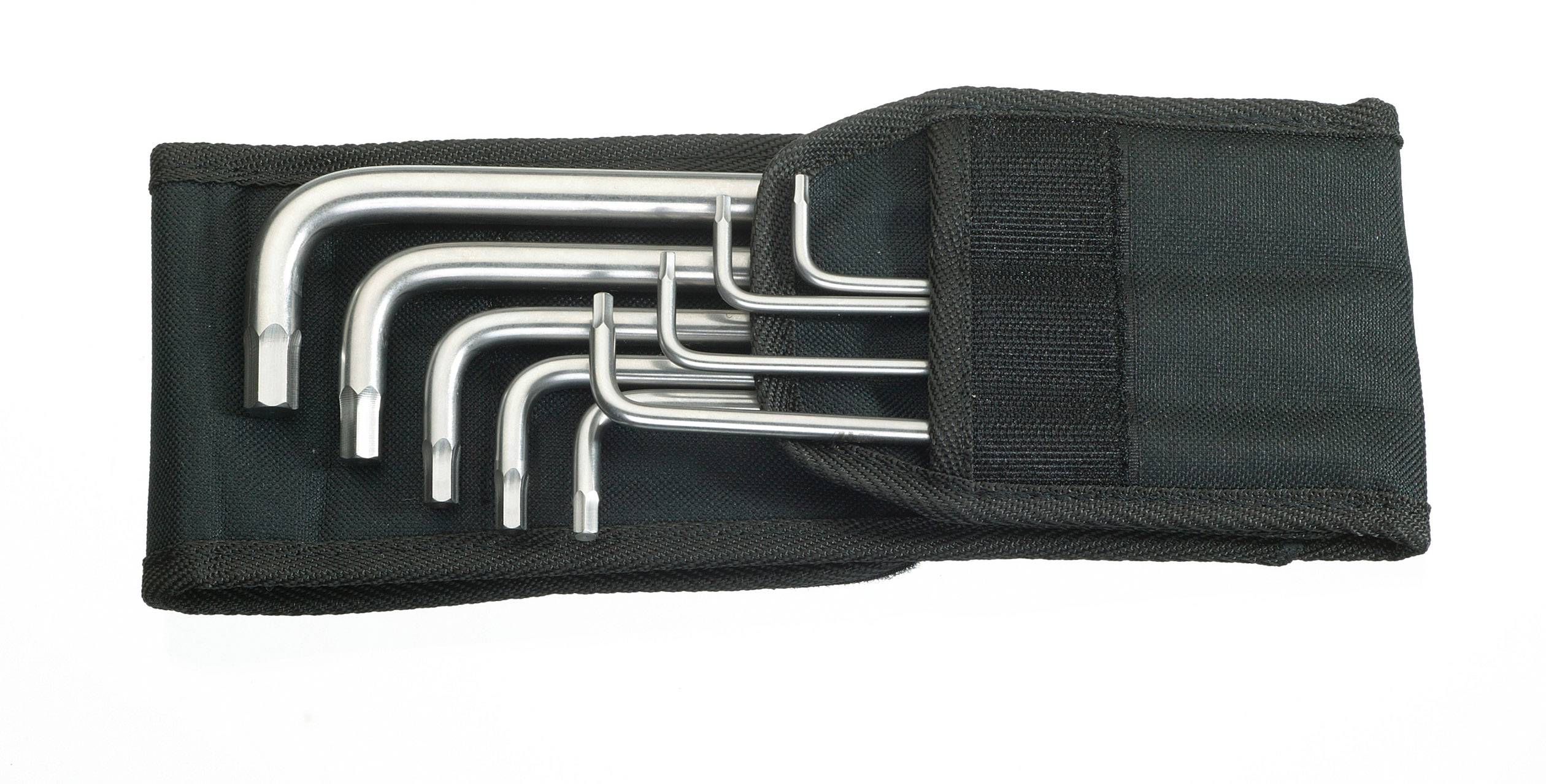 In a black fabric case, there are seven Allen keys of varying sizes.