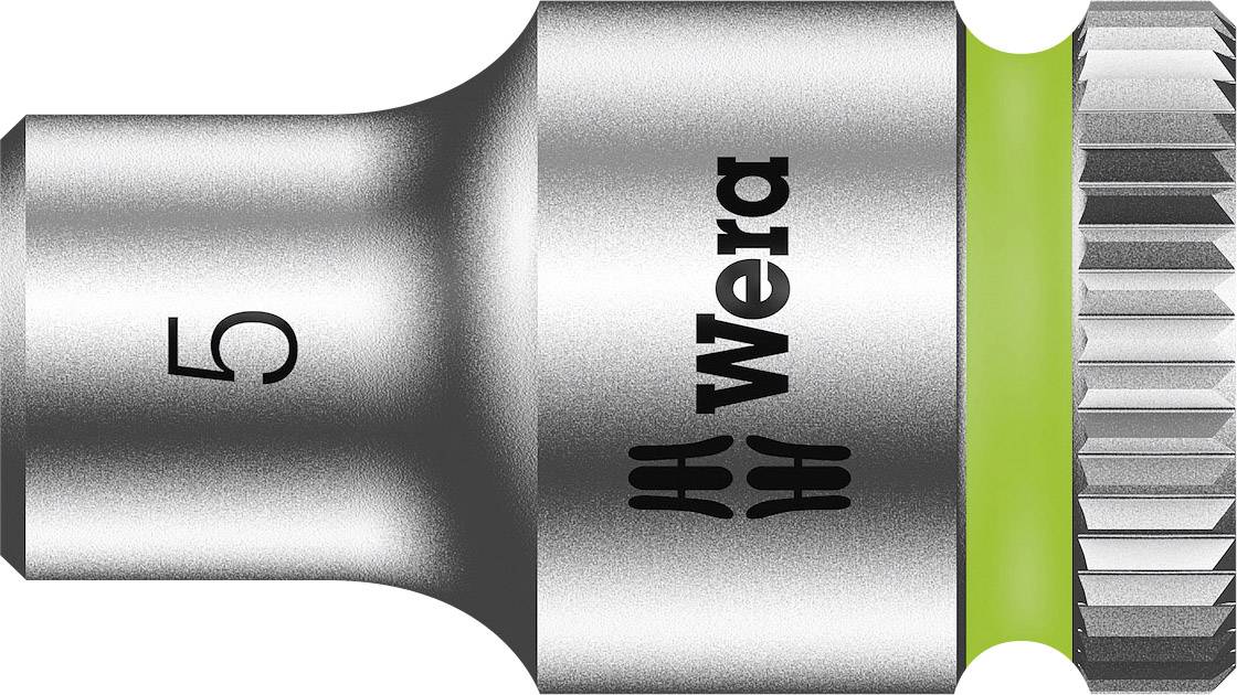 A metallic socket wrench with the inscription 'Wera' and the number '5'. The socket is silver with green accents and a ribbed end.