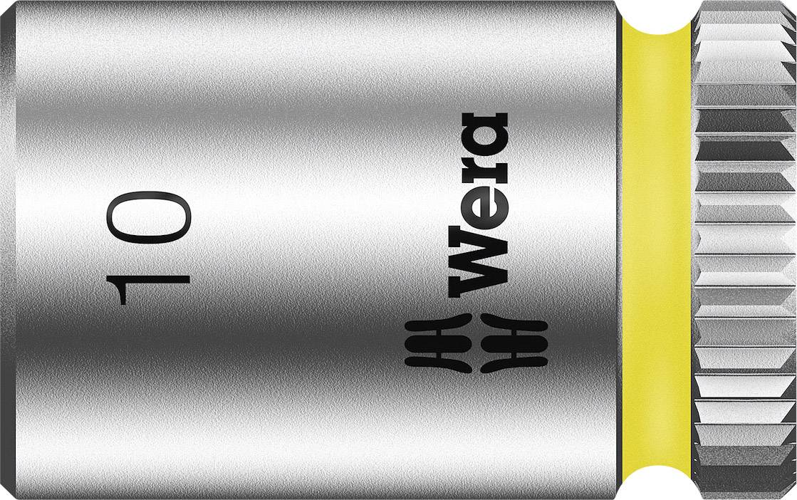 Metal socket with yellow ring and knurling, size 10, Wera brand.