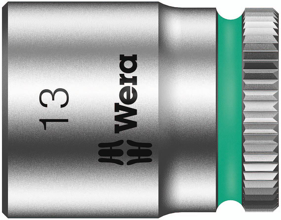 Metallic socket from Wera with a green ring and knurled edge. Size '13' marked on the surface.