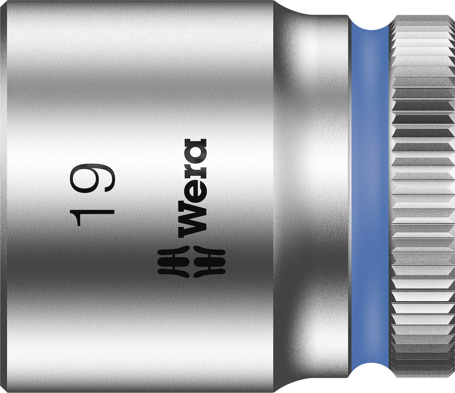 Metal key attachment with the inscription '19' and 'Wera'. Silver surface with blue ring.