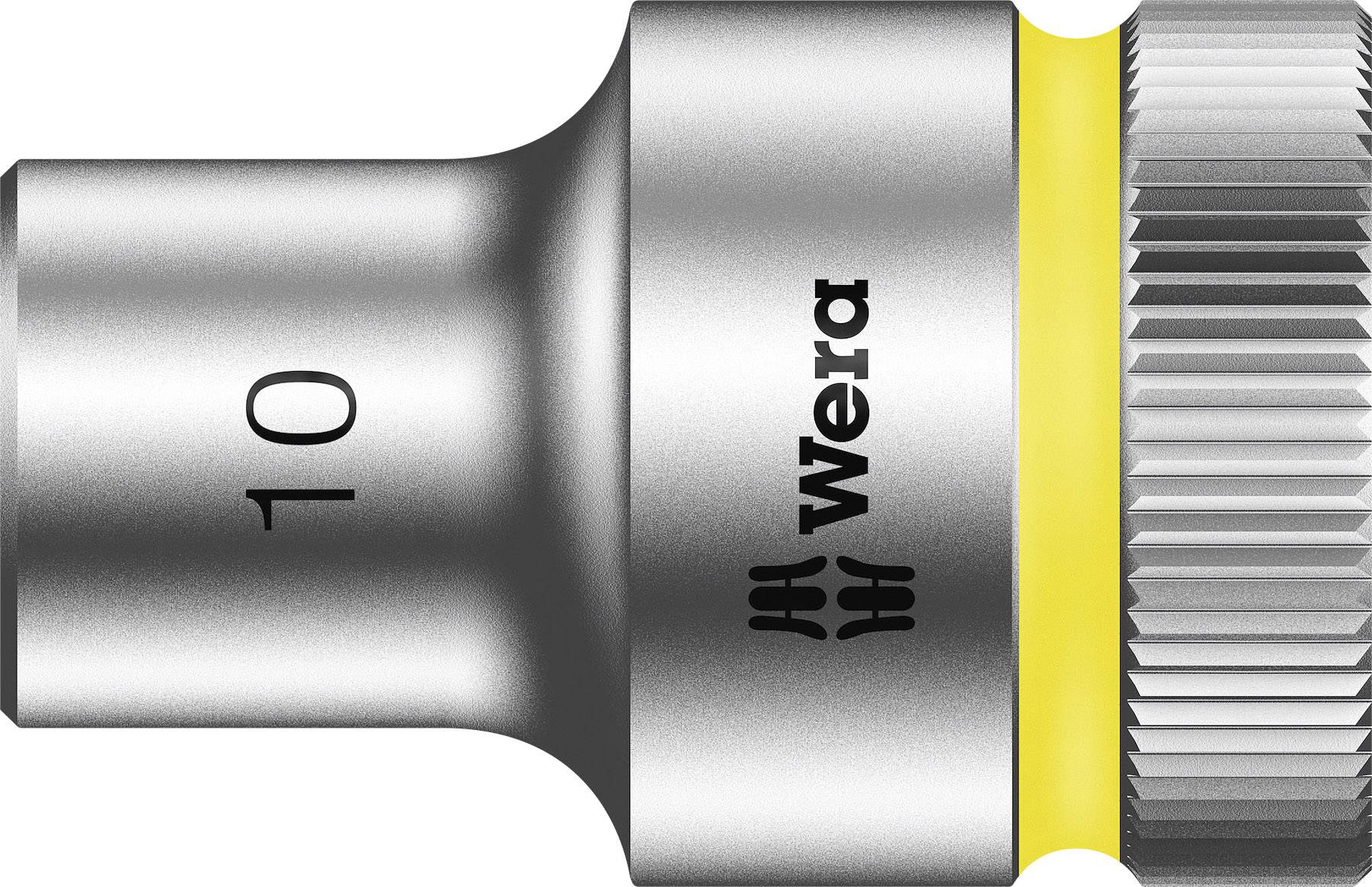 Metal socket with 'Wera' logo and yellow ring, size '10', shows tool attachment for screwing.