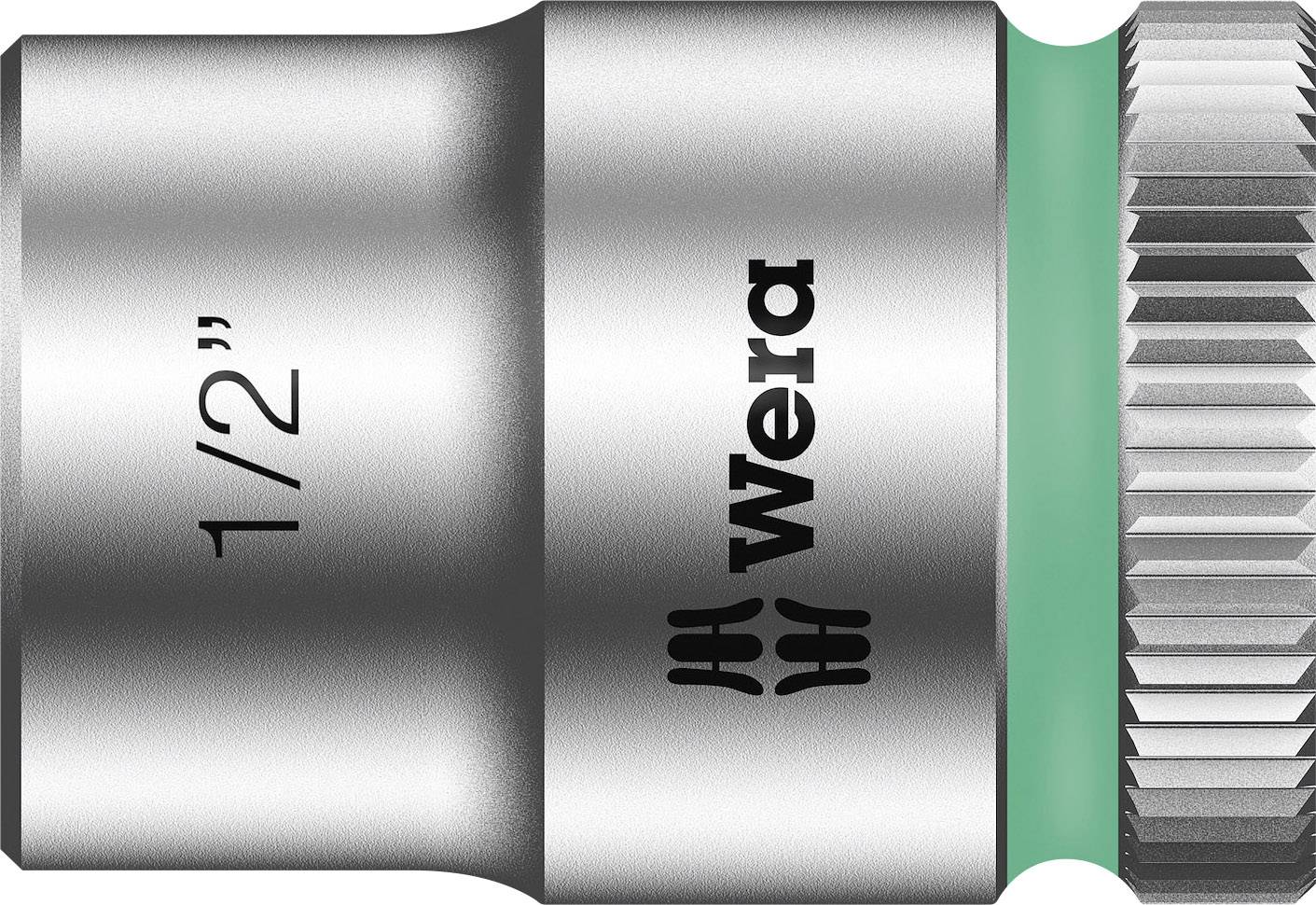 Metal socket with 1/2 inch marking, brand name Wera and green marking on the edge.