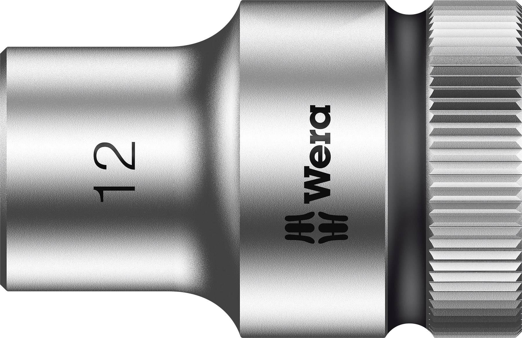 A metallic, shiny tool socket with the 'Wera' inscription, size '12' visible. Coarse knurling on the right edge for better grip.