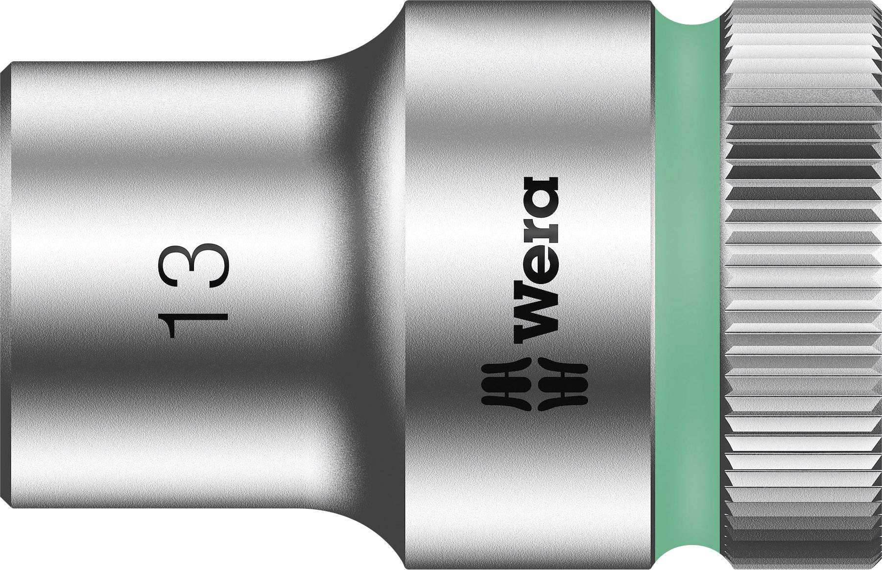 Metallic socket key attachment, size 13, with green ring and knurled end. 'Wera' inscription on the side.Corrected translation to British English:Metallic socket key attachment, size 13, with a green ring and knurled end. 'Wera' marking on the side.