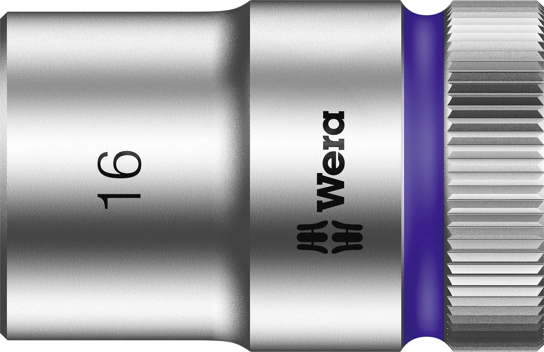 Metal socket with the inscription '16 Wera', silver with a blue ring, knurled surface for better grip.