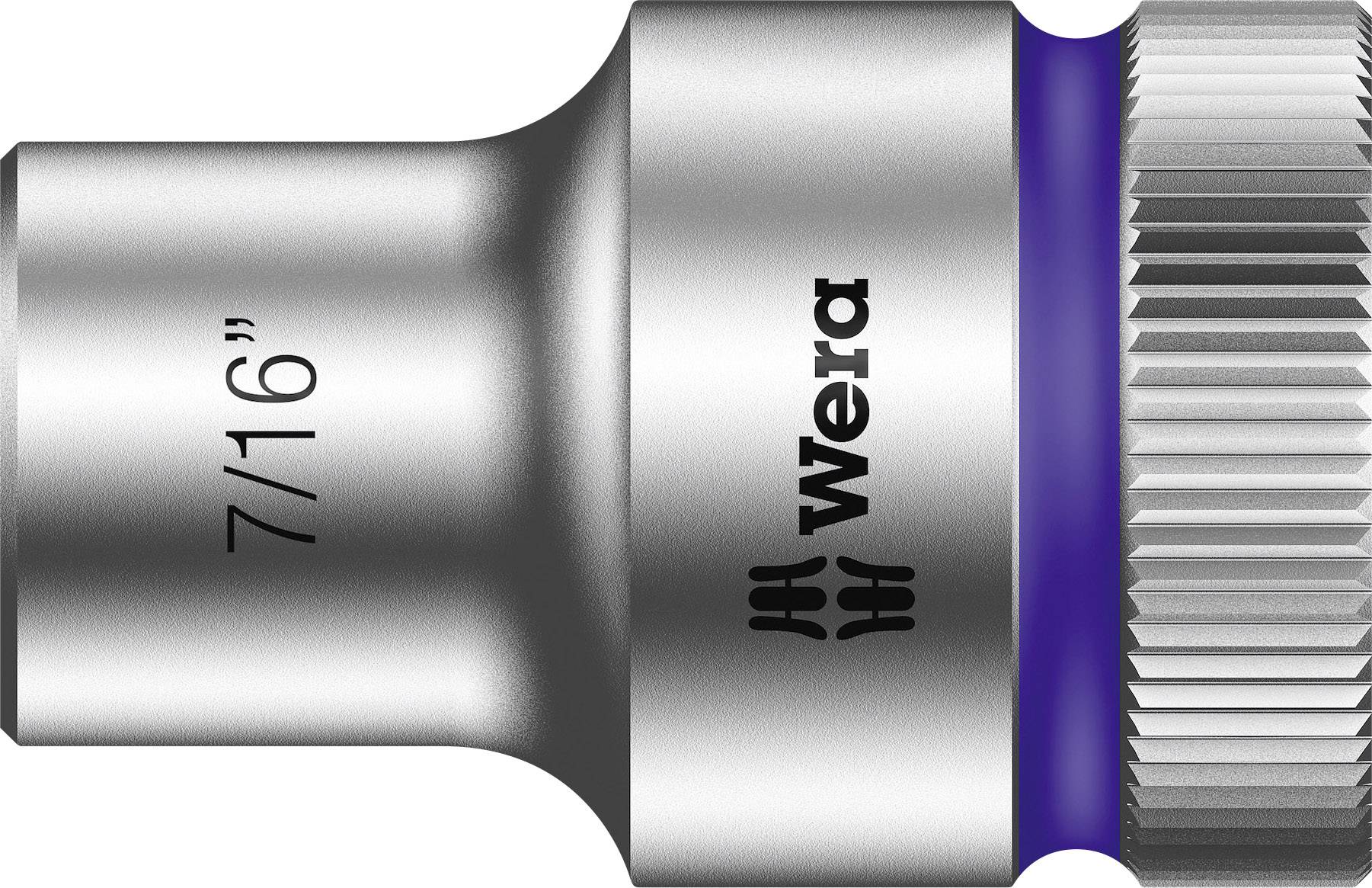 Metal socket with the engraving '7/16' on one side and the 'Wera' logo on the other side.