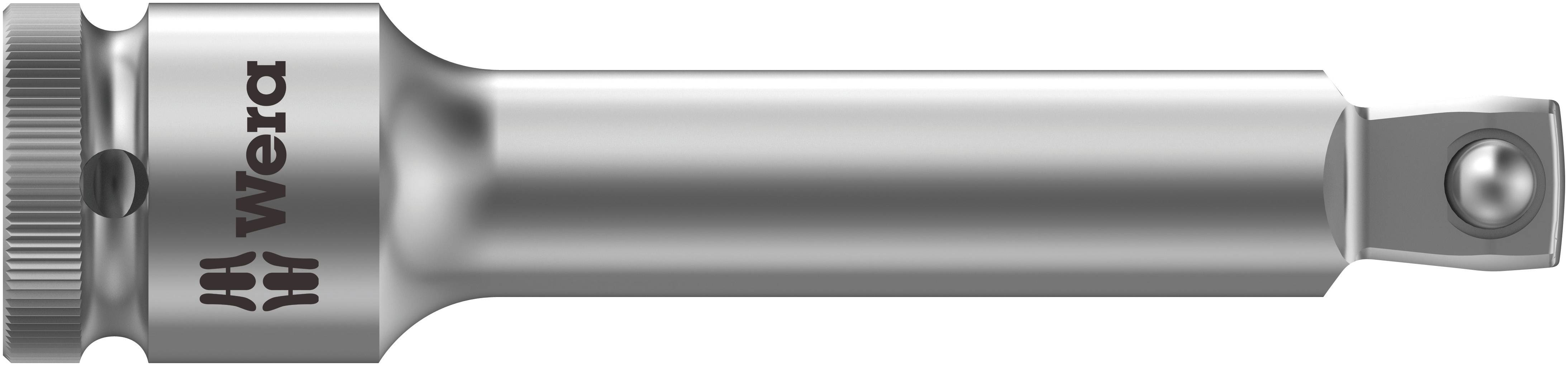 Silver socket extension bar with a ball-ended design and 'Wera' logo on the left. Ideal for precision work.