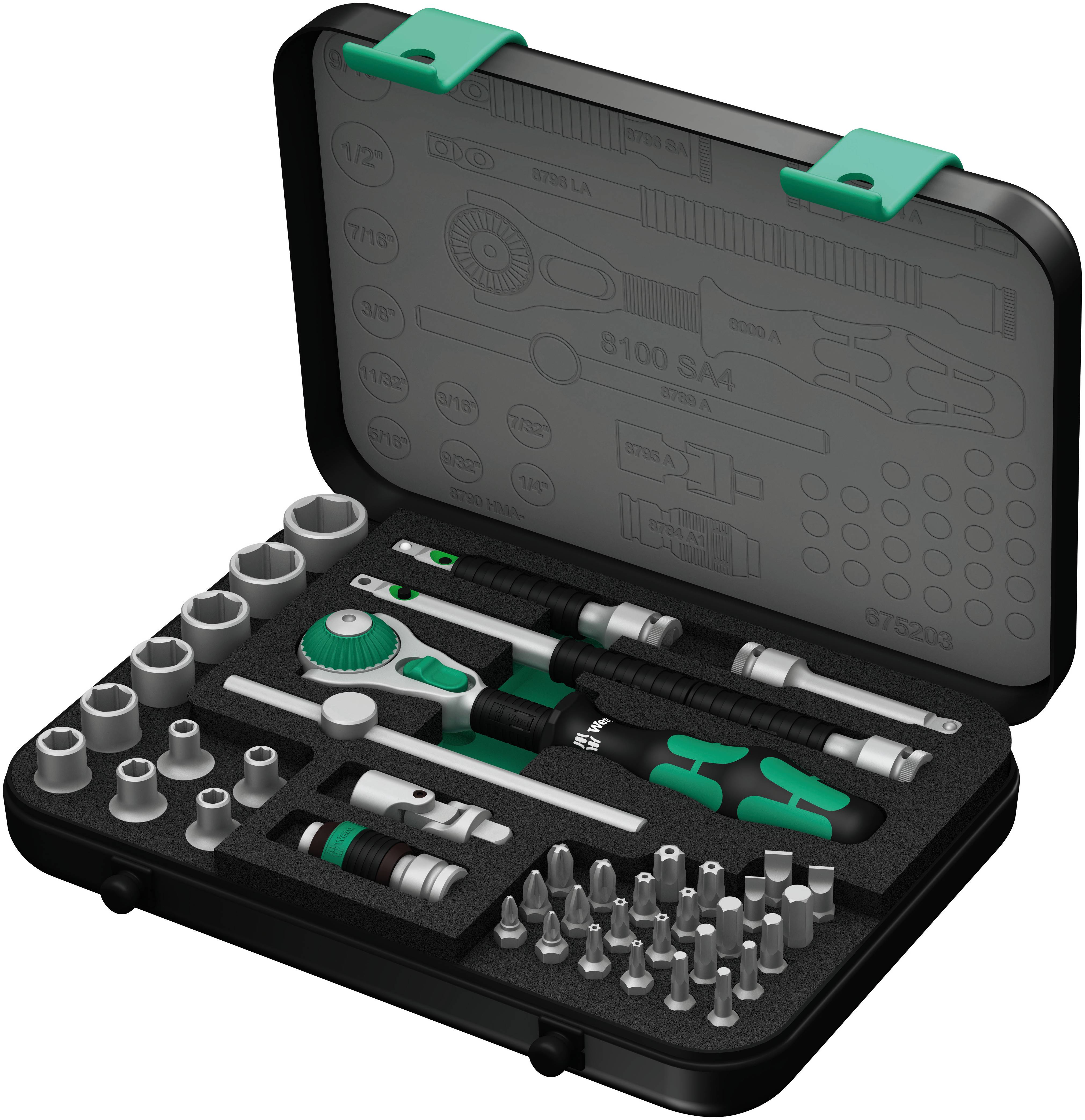 Tool case with ratchet, various socket keys, bits and screwdrivers, opened and displayed for viewing.