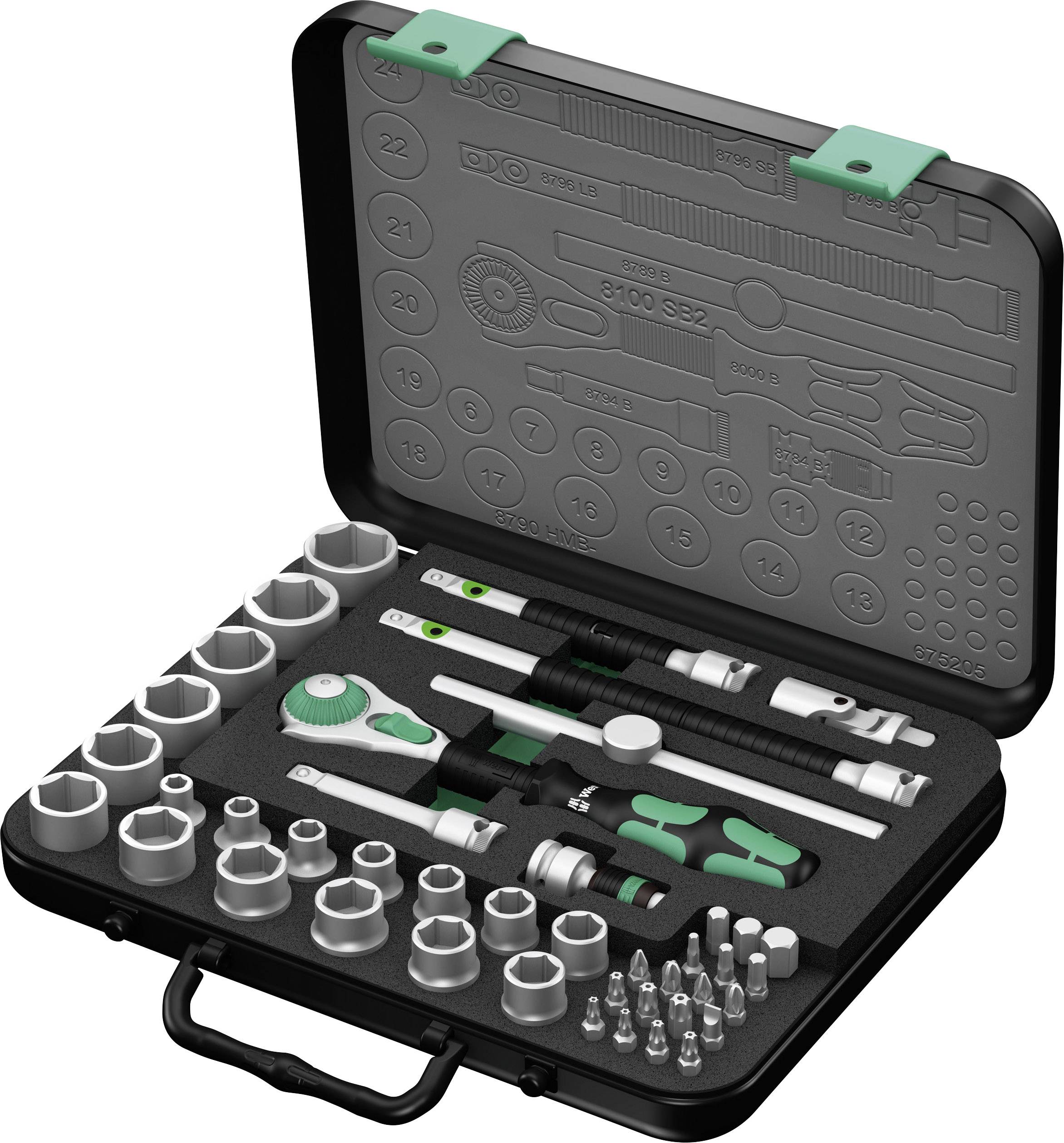 An open toolbox with various socket keys, ratchets, and bits arranged in organised compartments.