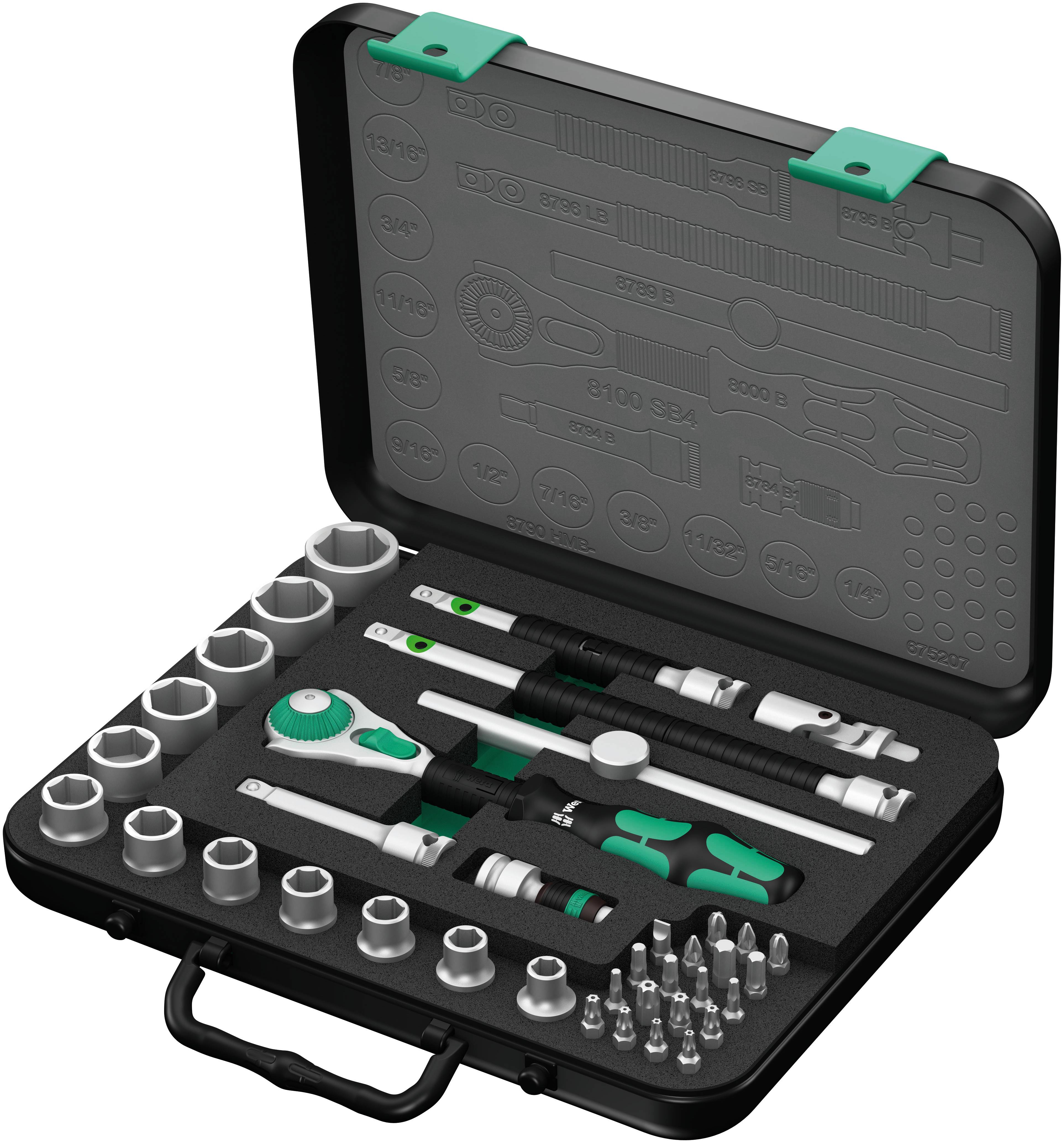 An open toolbox reveals socket wrenches, ratchets and bits, neatly arranged in foam inserts.