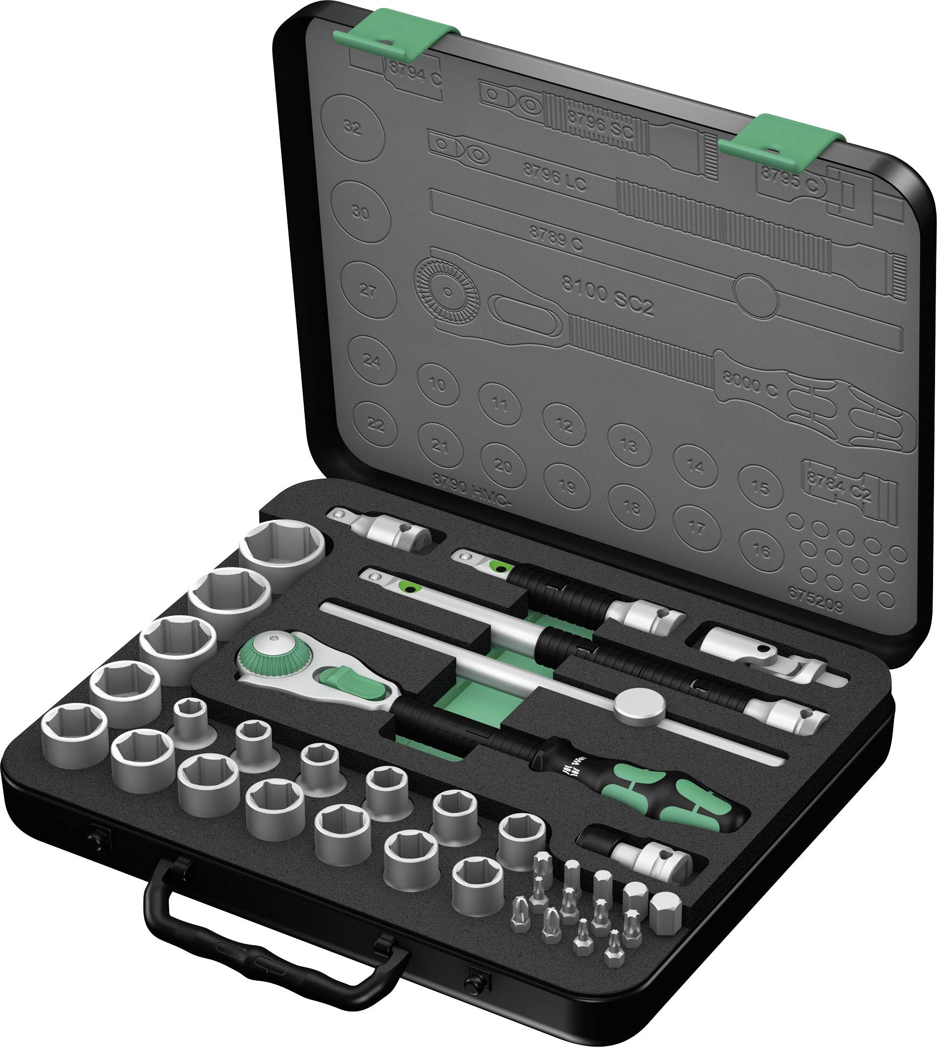 Open tool case with ratchets, spanners, and bit attachments in various sizes, neatly arranged.