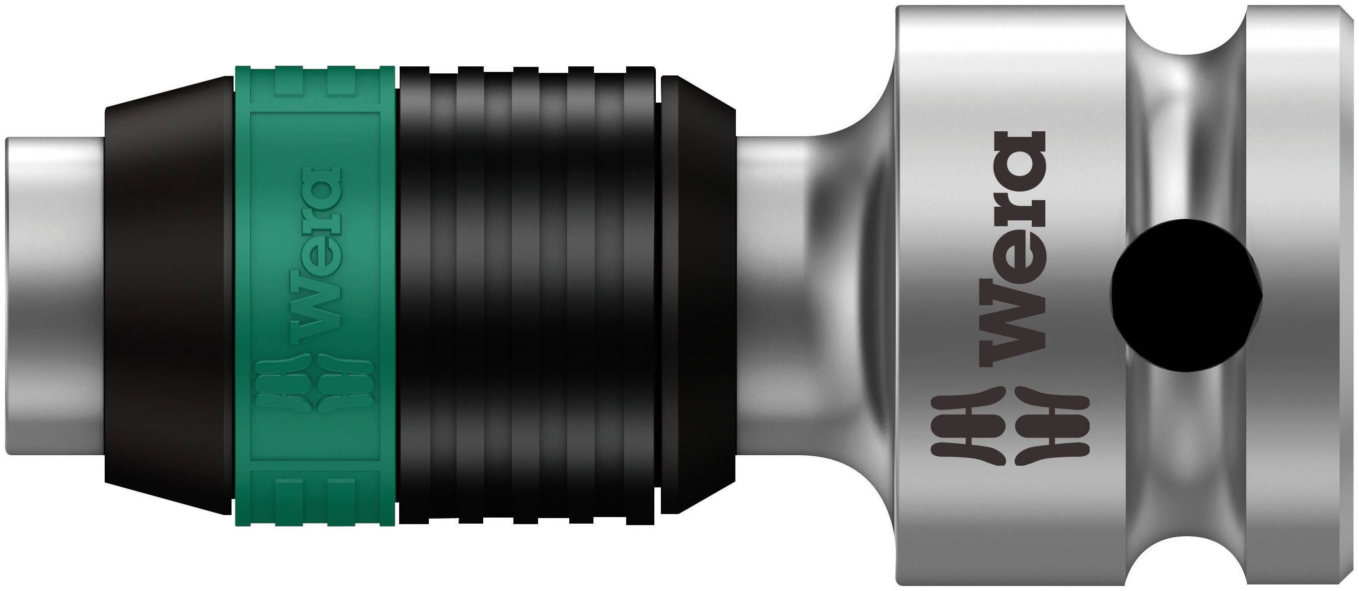 Metallic screwdriver bit with a black and green rubber grip, with the 'Wera' logo visible on the side.