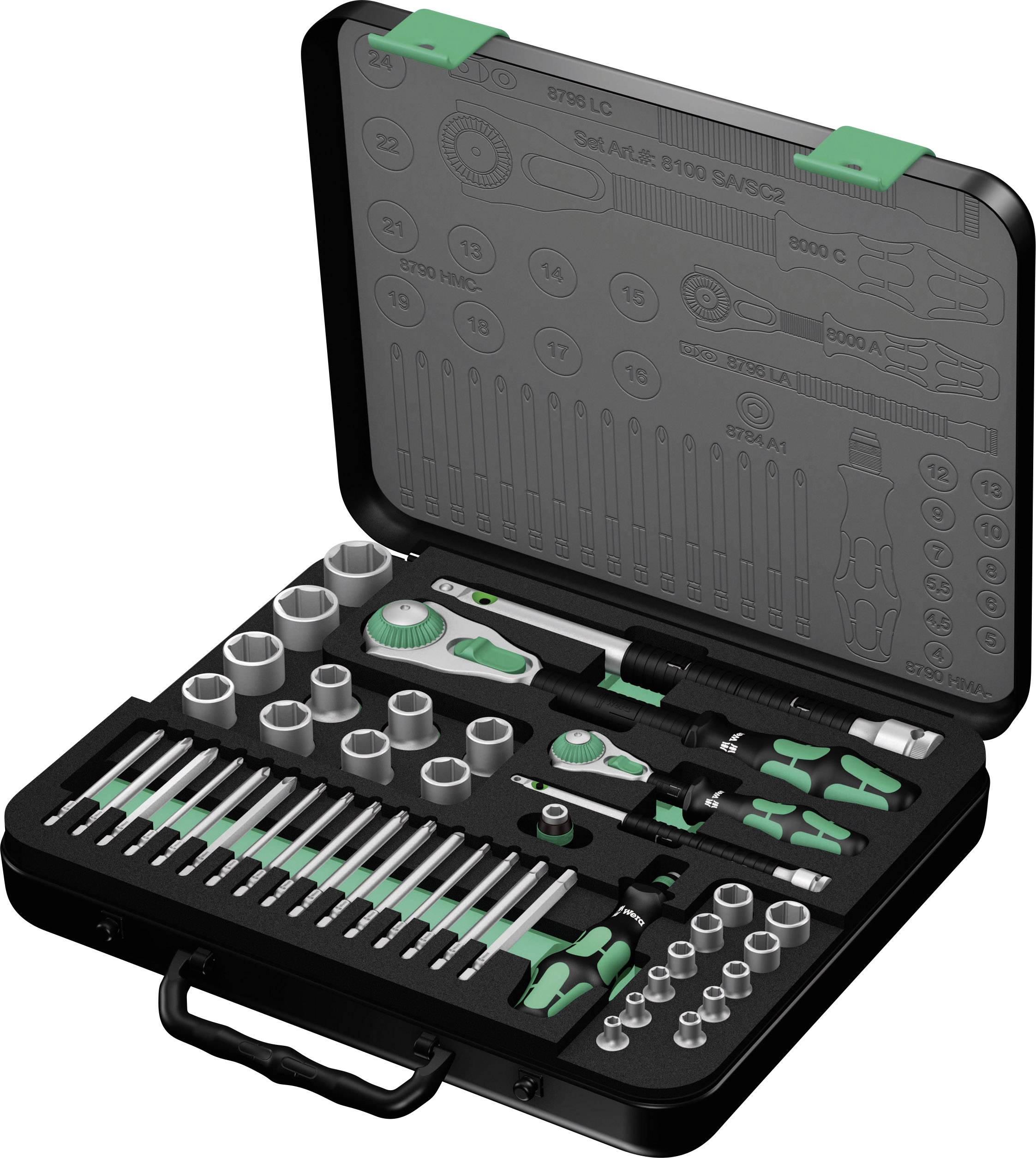 An open toolbox with various socket wrenches, screwdrivers, and Allen keys, all neatly arranged.