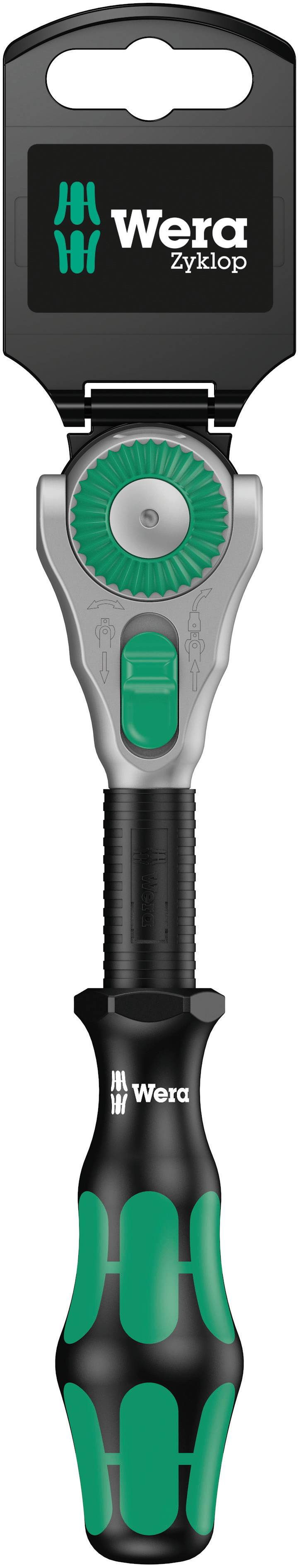Wera ratchet with ergonomic handle, suitable for precise work in the workshop, with black and green colour accents.