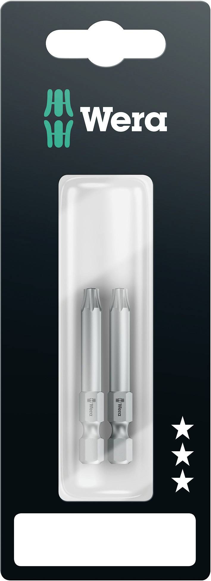 'Wera' packaging with two silver screwdriver bits. Packaging displays three stars as a quality indicator.