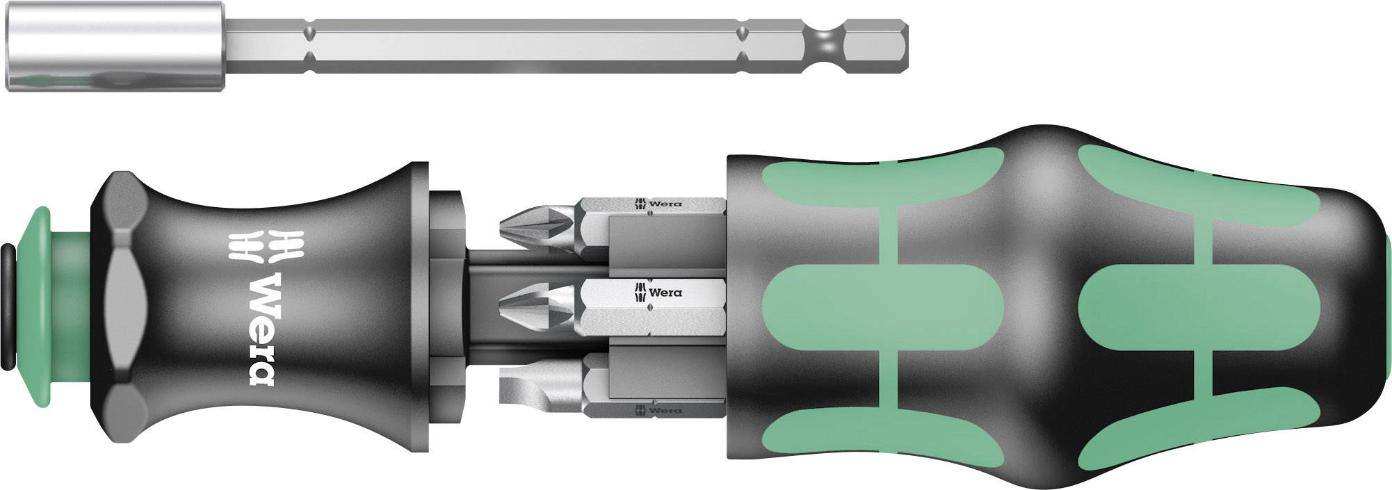Screwdriver with green and black handle, contains multiple bits, with an extension shown separately. Brand: Wera.