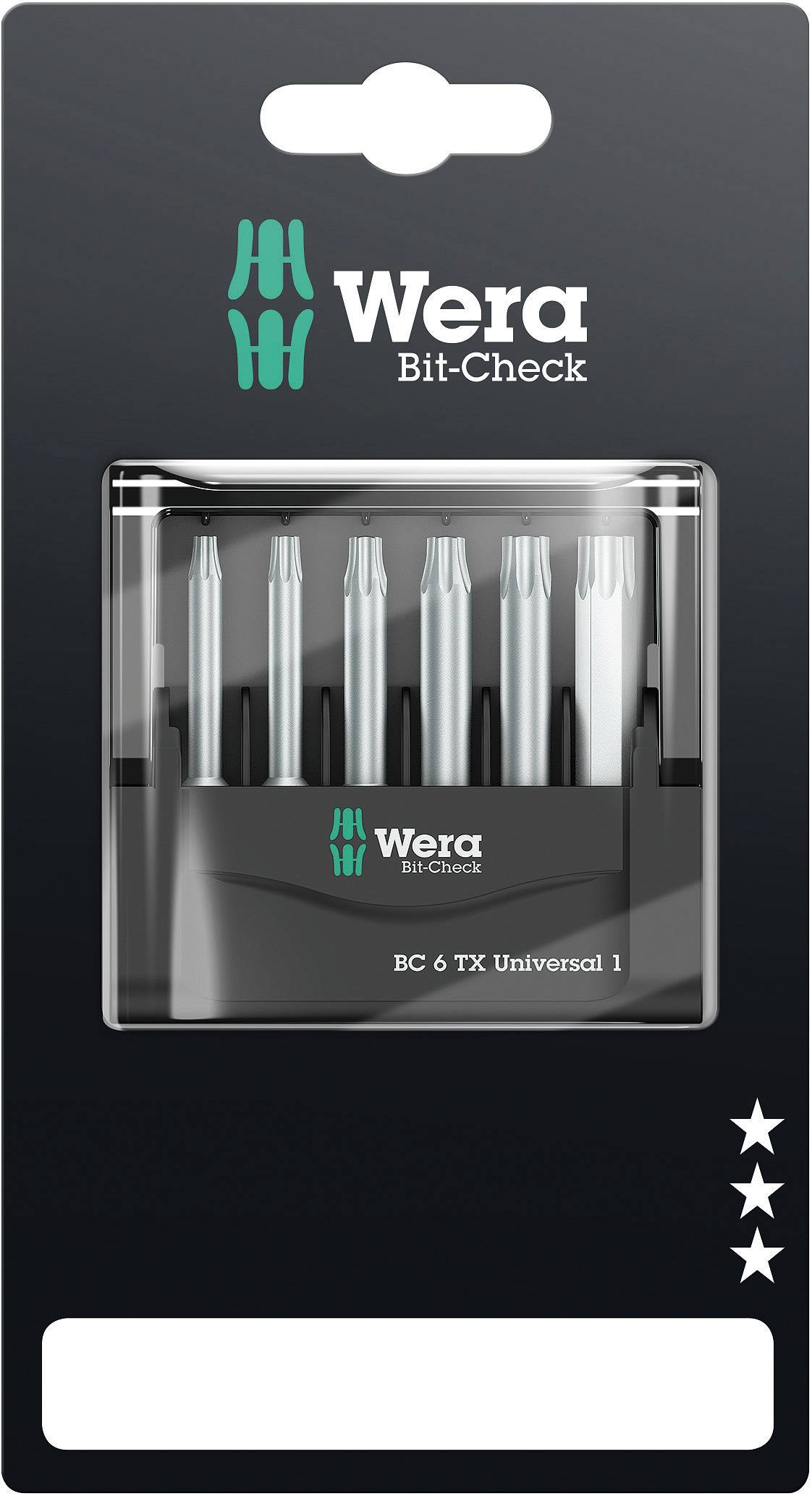 Packaging with Wera Bit-Check, 6 Bits for Torx screws. Green Wera logo at the top. Three white stars at the bottom.