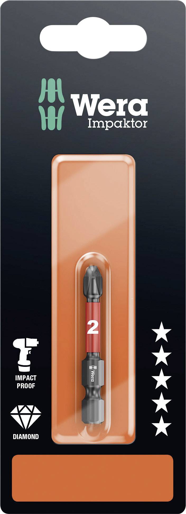 'Wera Impaktor' screwdriver bit packaging, shows a bit with red print '2', developed for high durability.