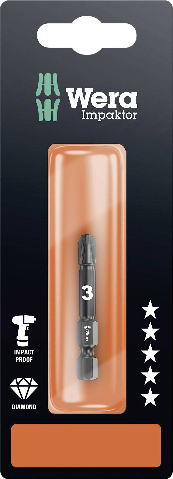 Packaging for a Wera Impaktor Bit. Contains a black bit with the inscription '3'. Symbols for impact resistance and diamond coating.