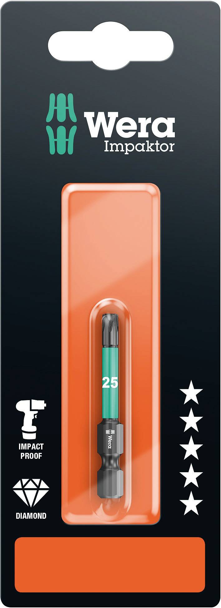 Packaging of a Wera Impaktor bit with a green accent, 'Impact Proof', diamond coating and five stars on a black background.