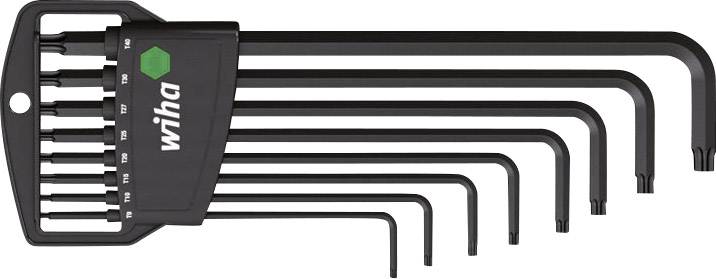 Set of L-shaped hex key wrenches in various sizes with Wiha logo, arranged in a black holder. Keys are for screws with internal hexagon socket.