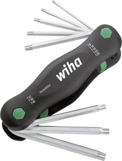 Multifunction tool with extendable Torx keys of various sizes, set against a black background. The brand name 'Wiha' is clearly visible.