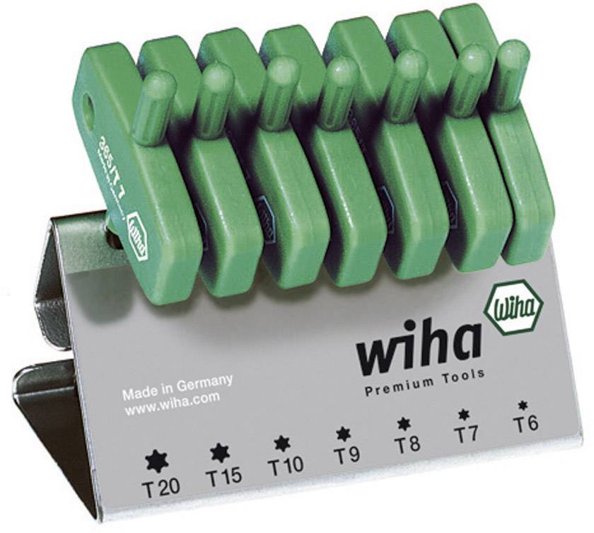 A set of Wiha Torx keys in a green holder on a silver stand, with sizes T6 to T20, inscription: 'Made in Germany'.