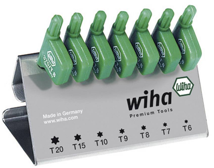 Wiha hexagonal screwdriver bits on a metal stand, sizes ranging from T6 to T20. Made in Germany.