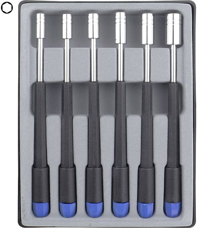 Set of five black screwdrivers with blue tips, standing upright in a grey foam case.