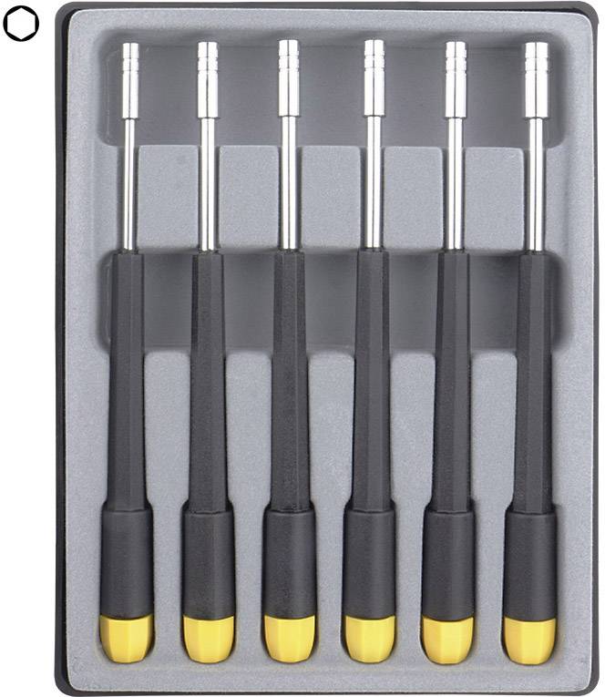 A set of five precision screwdrivers in a custom-fitted holder, each screwdriver featuring a black handle with a yellow tip.