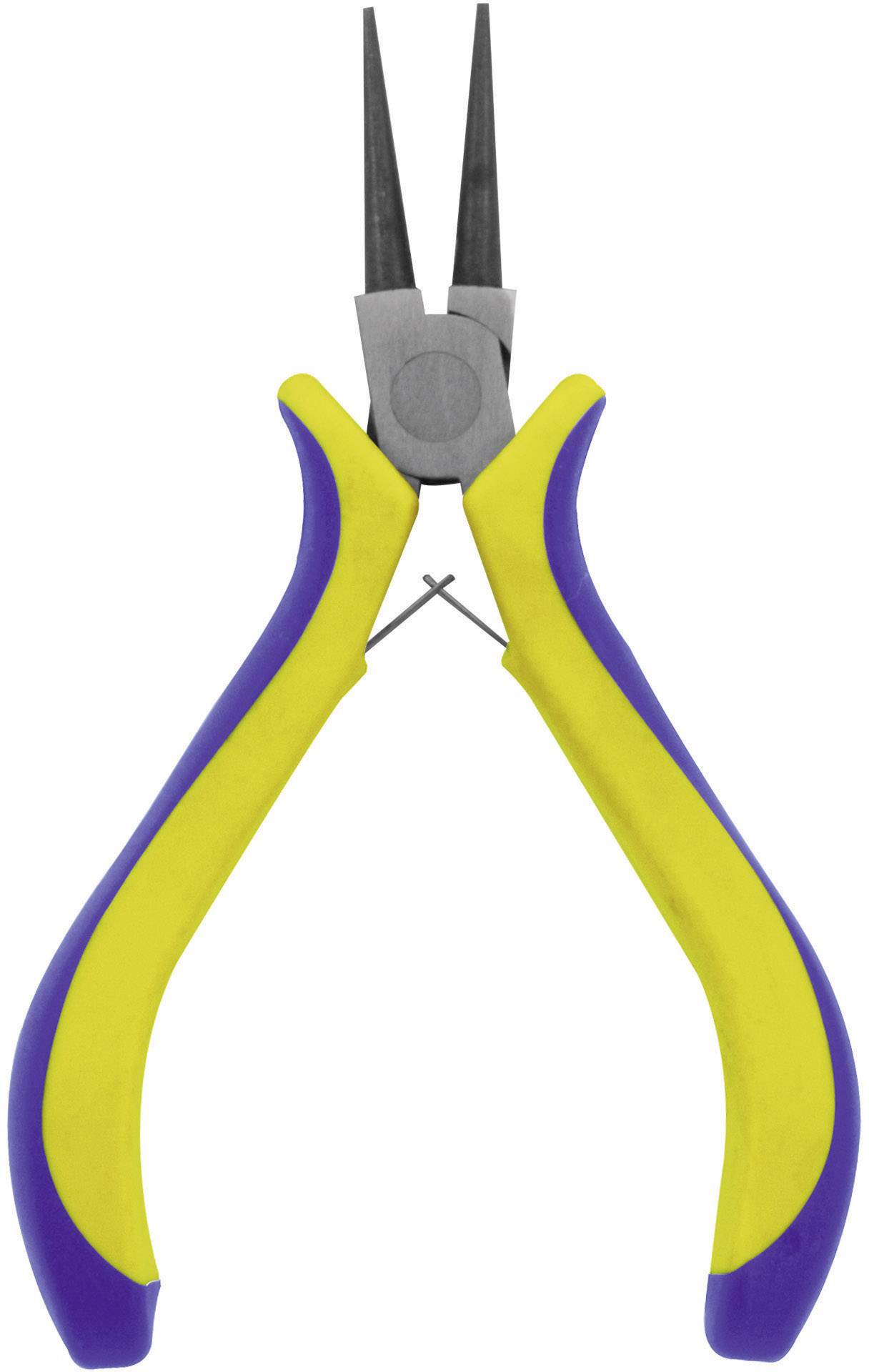 Yellow and blue precision pliers with fine, narrow tips for gripping small objects.