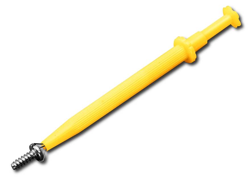 Yellow medical instrument with a screw-tipped end, used for orthopaedic procedures.