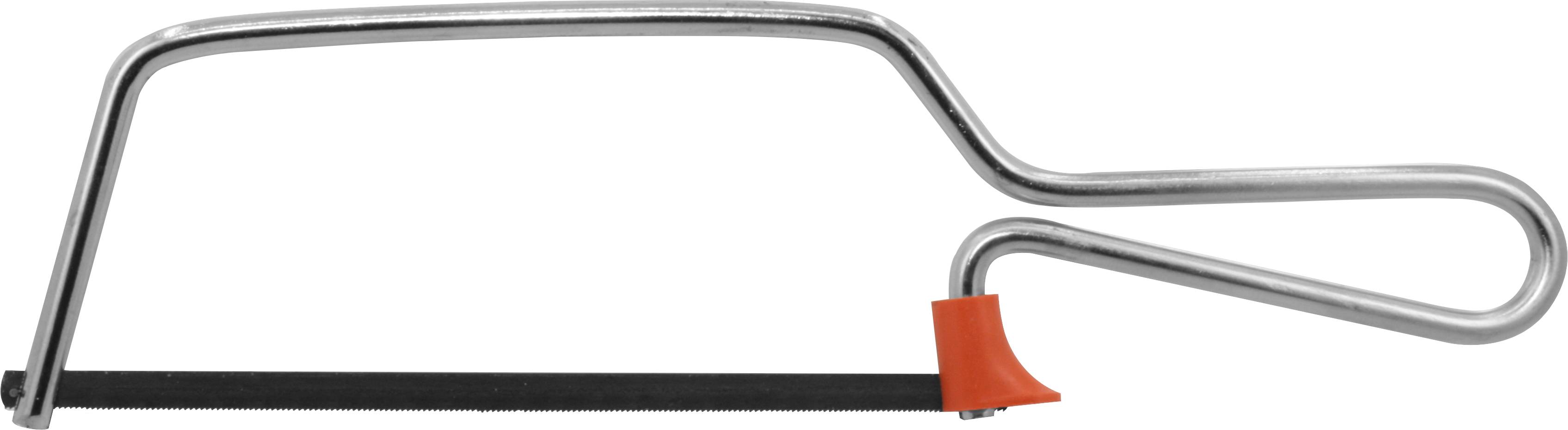 Metal saw with a silver frame and black saw blade, orange safety guard, on a white background.