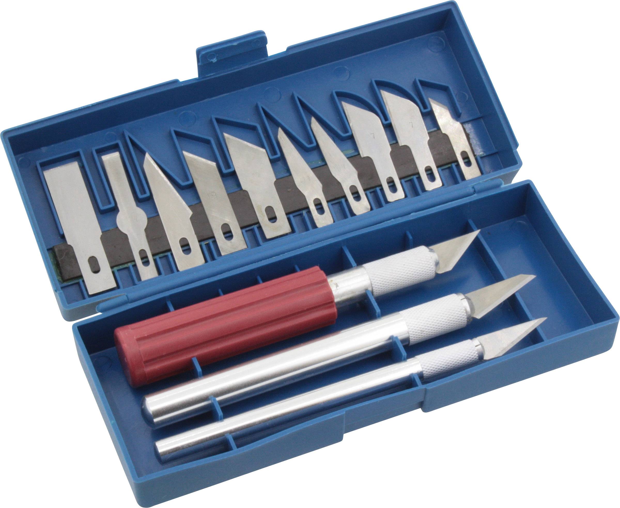 A set of craft knives with interchangeable blades in various shapes, housed in a blue case.